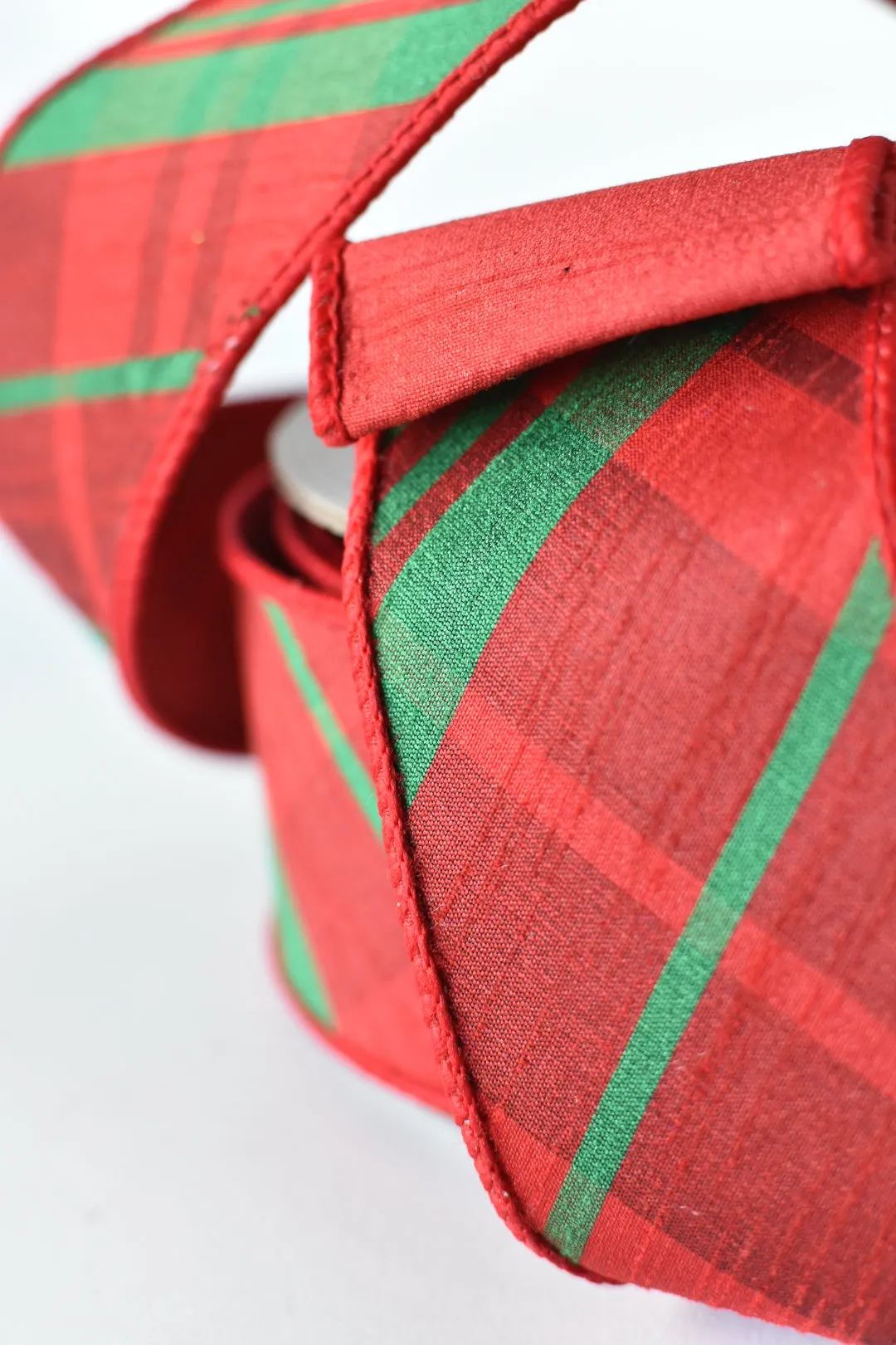 2.5" x 10yd Double Faced Red/Green Plaid Faux Dupioni Ribbon