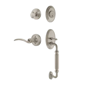 Classic Handleset with F-Grip and Classic Rosette with Swan Lever in Satin Nickel