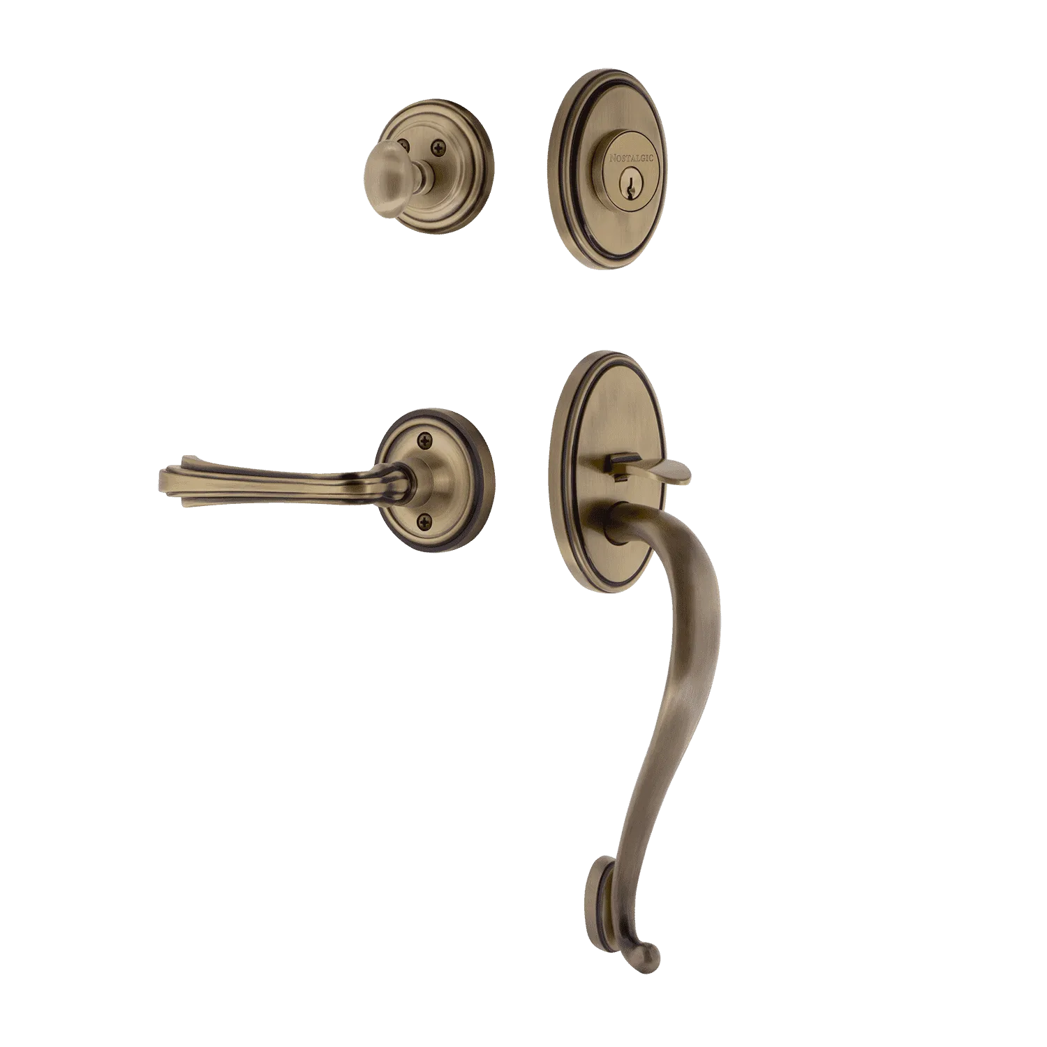 Classic Handleset with S-Grip and Classic Rosette with Fleur Lever in Antique Brass