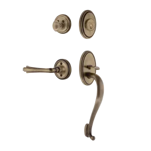 Classic Handleset with S-Grip and Classic Rosette with Fleur Lever in Antique Brass