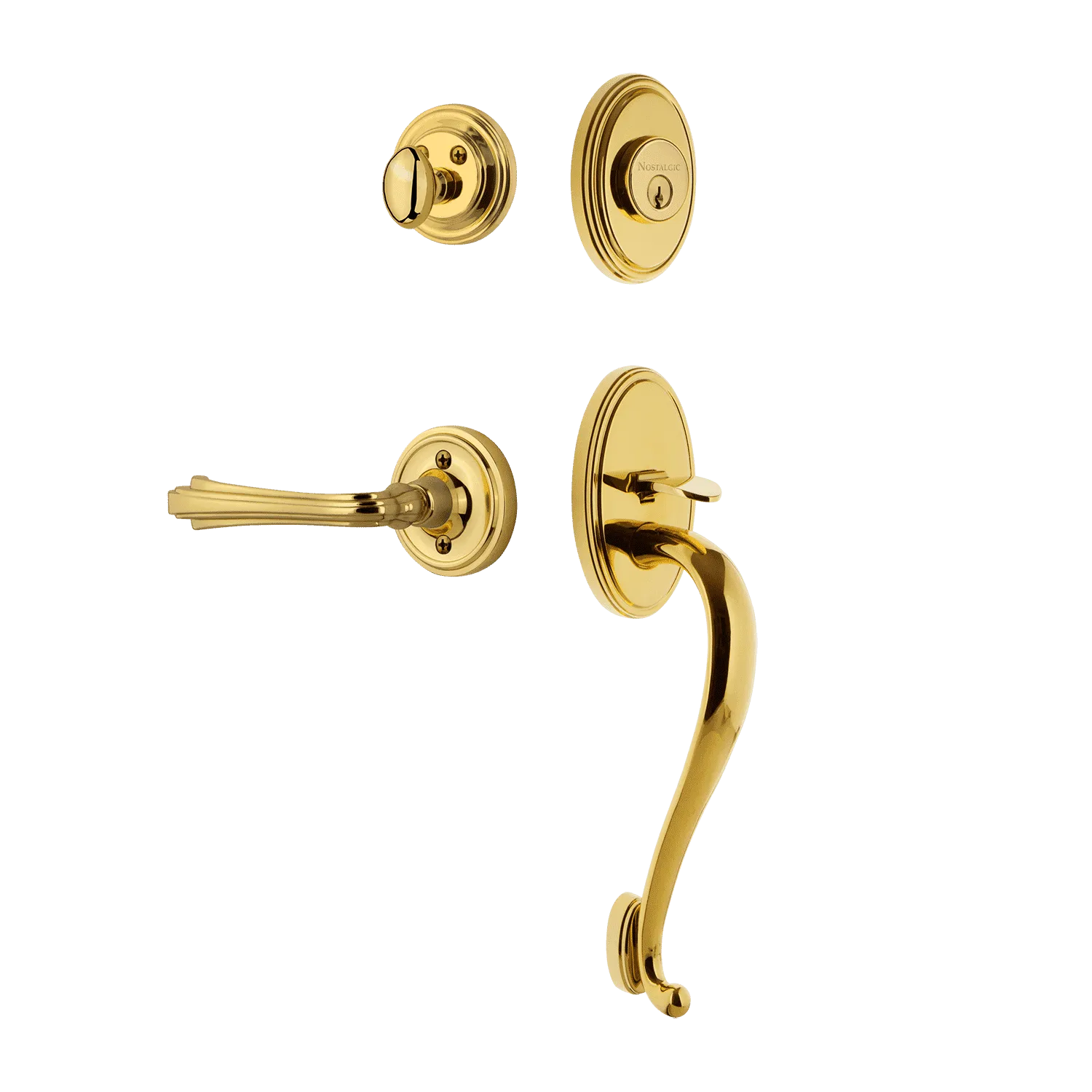 Classic Handleset with S-Grip and Classic Rosette with Fleur Lever in Polished Brass