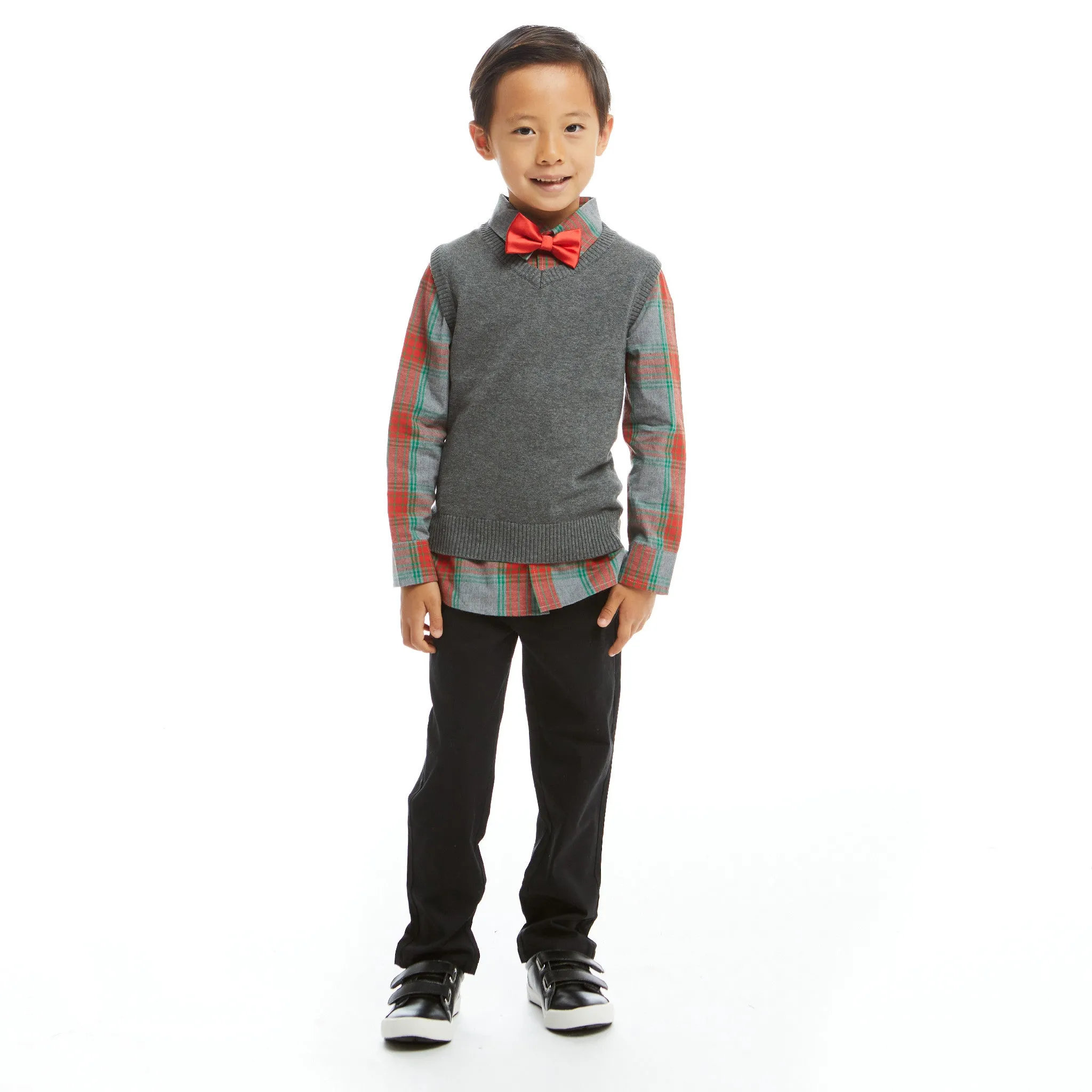 Holiday Check Buttondown W/ Vest Set  | Grey