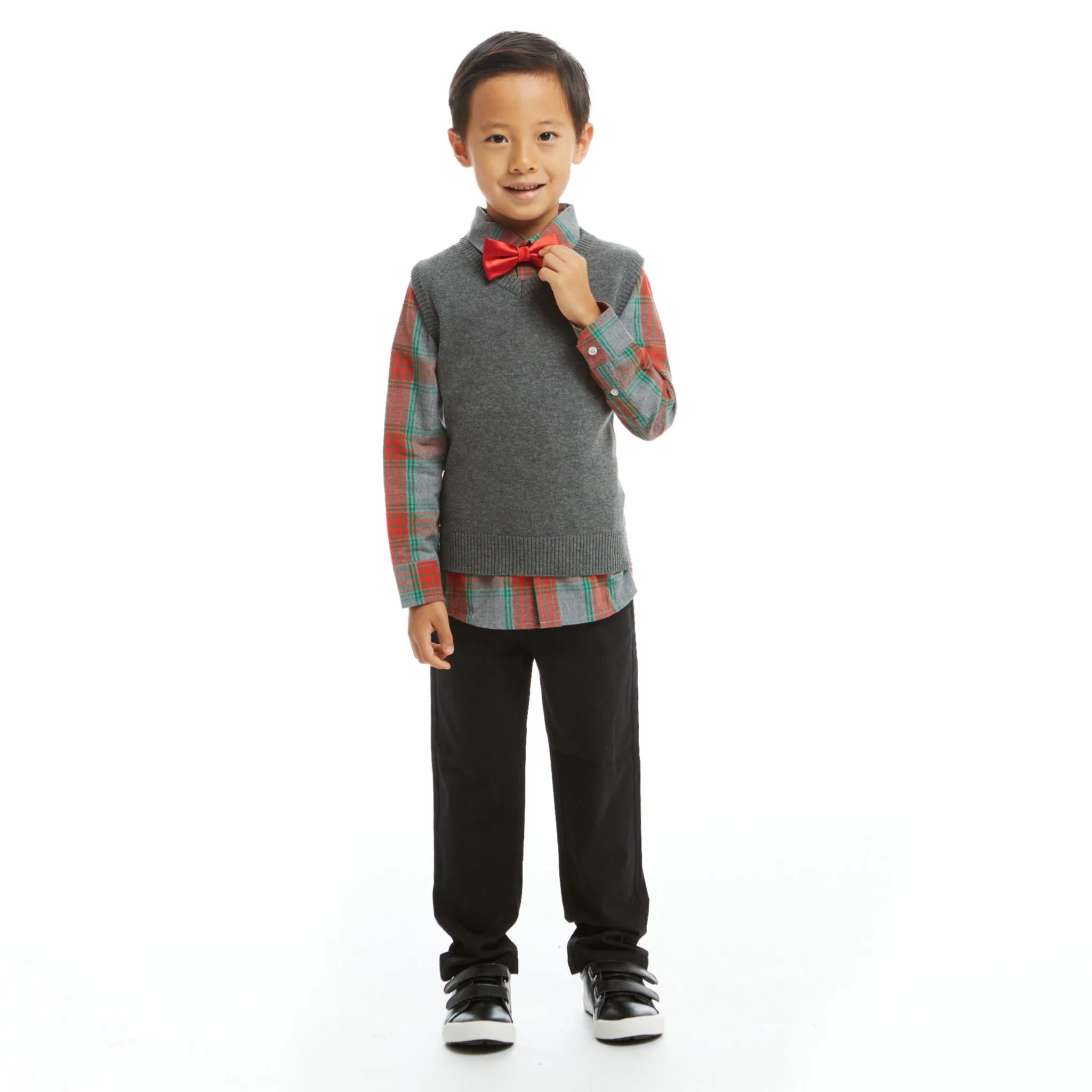 Holiday Check Buttondown W/ Vest Set  | Grey