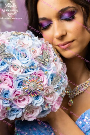 Light blue Lilac Pink quinceanera bouquet 9 inches