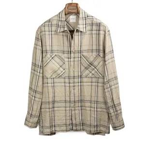 Open collar shirt in natural and navy checked linen