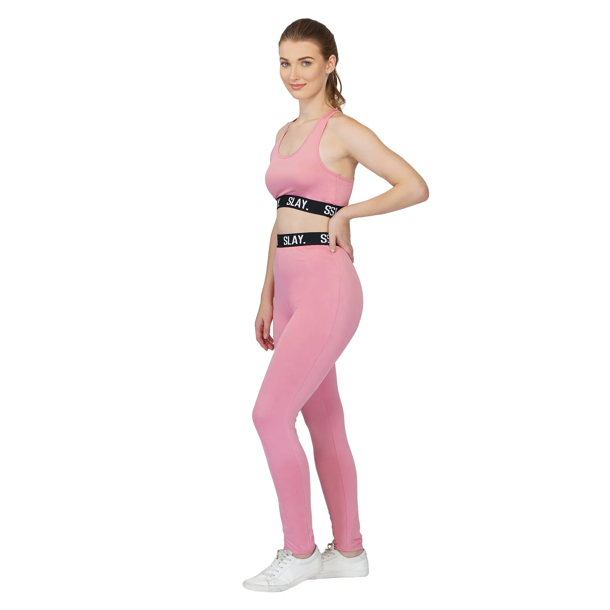 SLAY. Sport Women's Activewear Crop Top And Pants Co-ord Set Pink