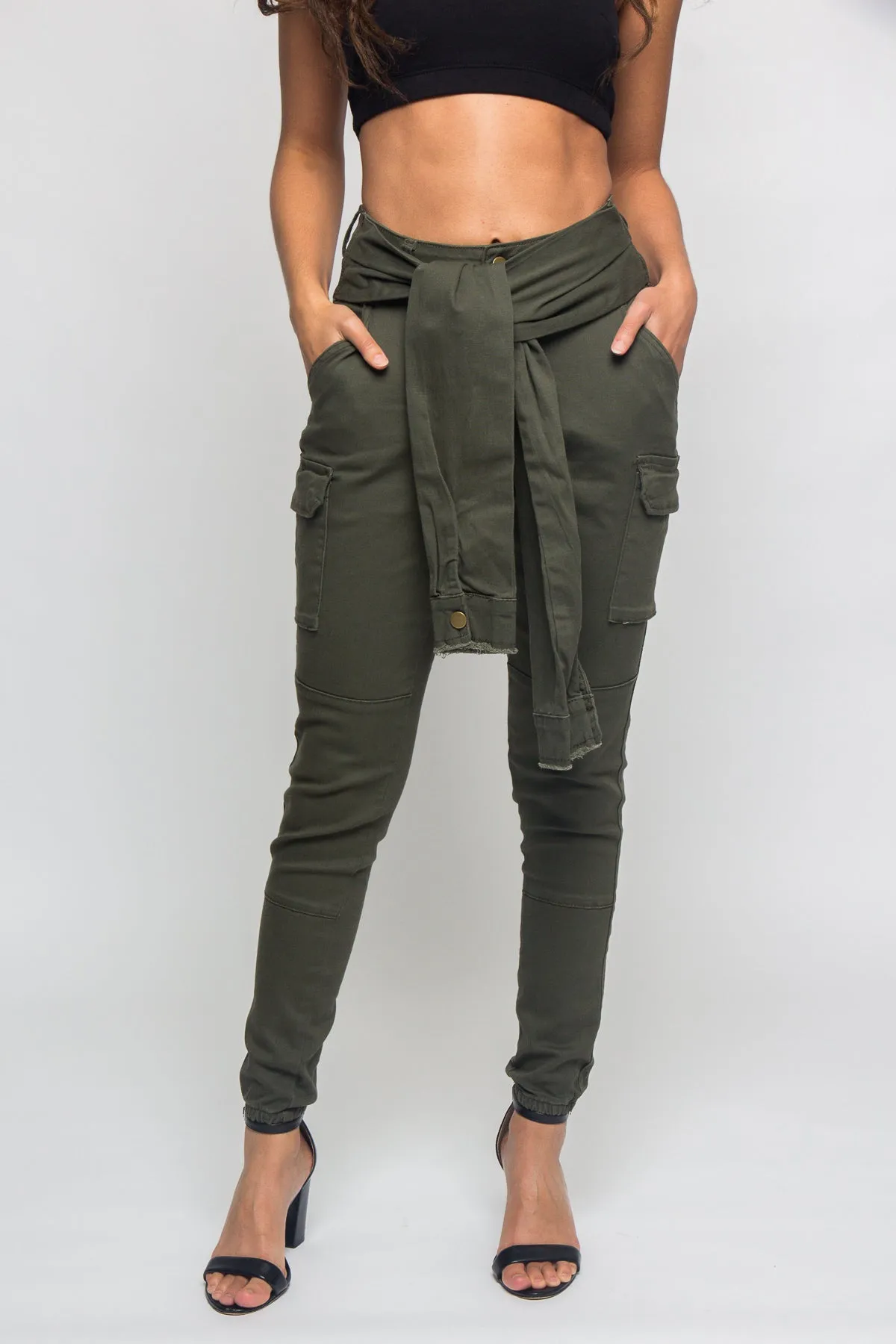 Tied Sleeve Illusion Cargo Jogger Pants