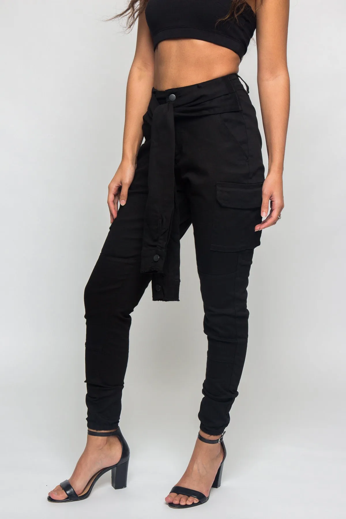 Tied Sleeve Illusion Cargo Jogger Pants