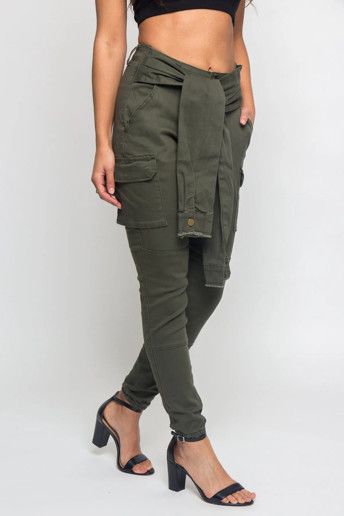 Tied Sleeve Illusion Cargo Jogger Pants