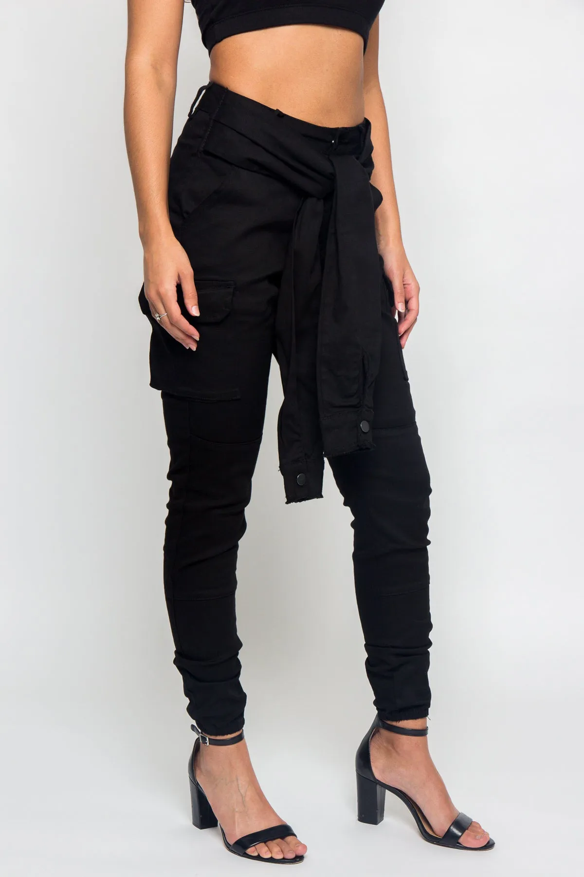 Tied Sleeve Illusion Cargo Jogger Pants