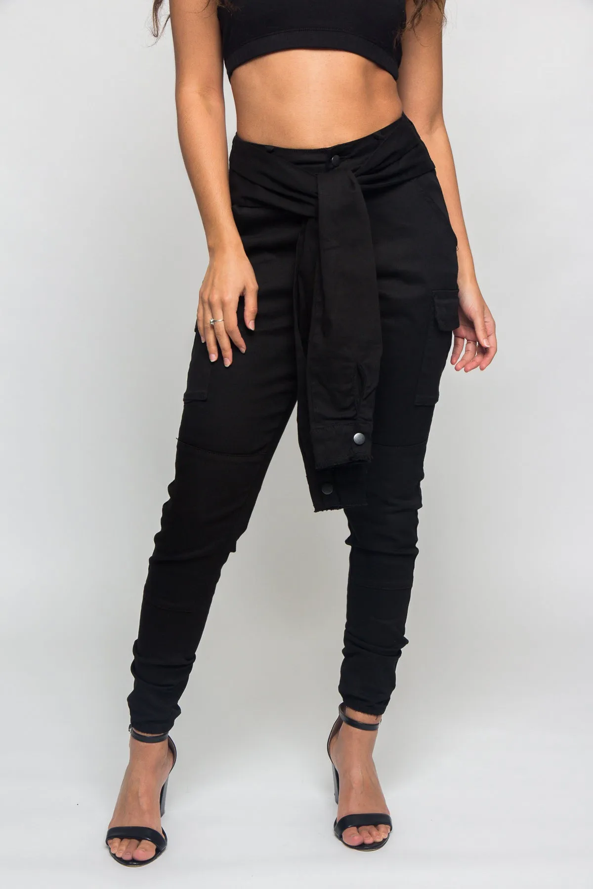 Tied Sleeve Illusion Cargo Jogger Pants